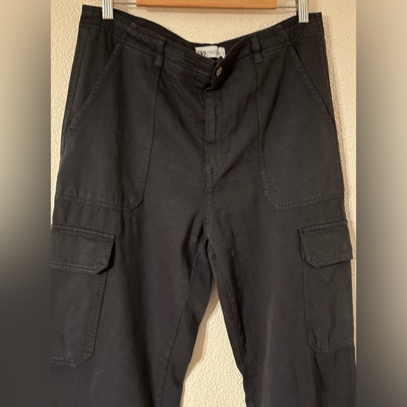Zara Cargo Pants Women Black 100% Cotton Straight Leg Utility Pockets Size 12 - Picture 2 of 6